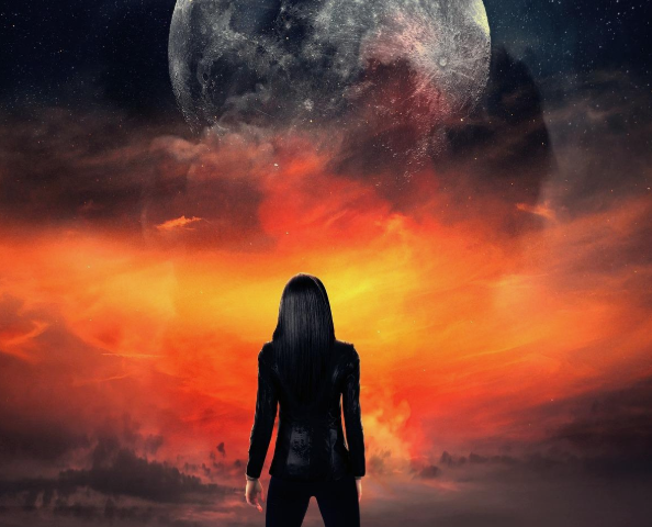 Woman in black tactical gear stands alone facing a massive moon rising over a fiery apocalyptic sky in Future's Dark Past